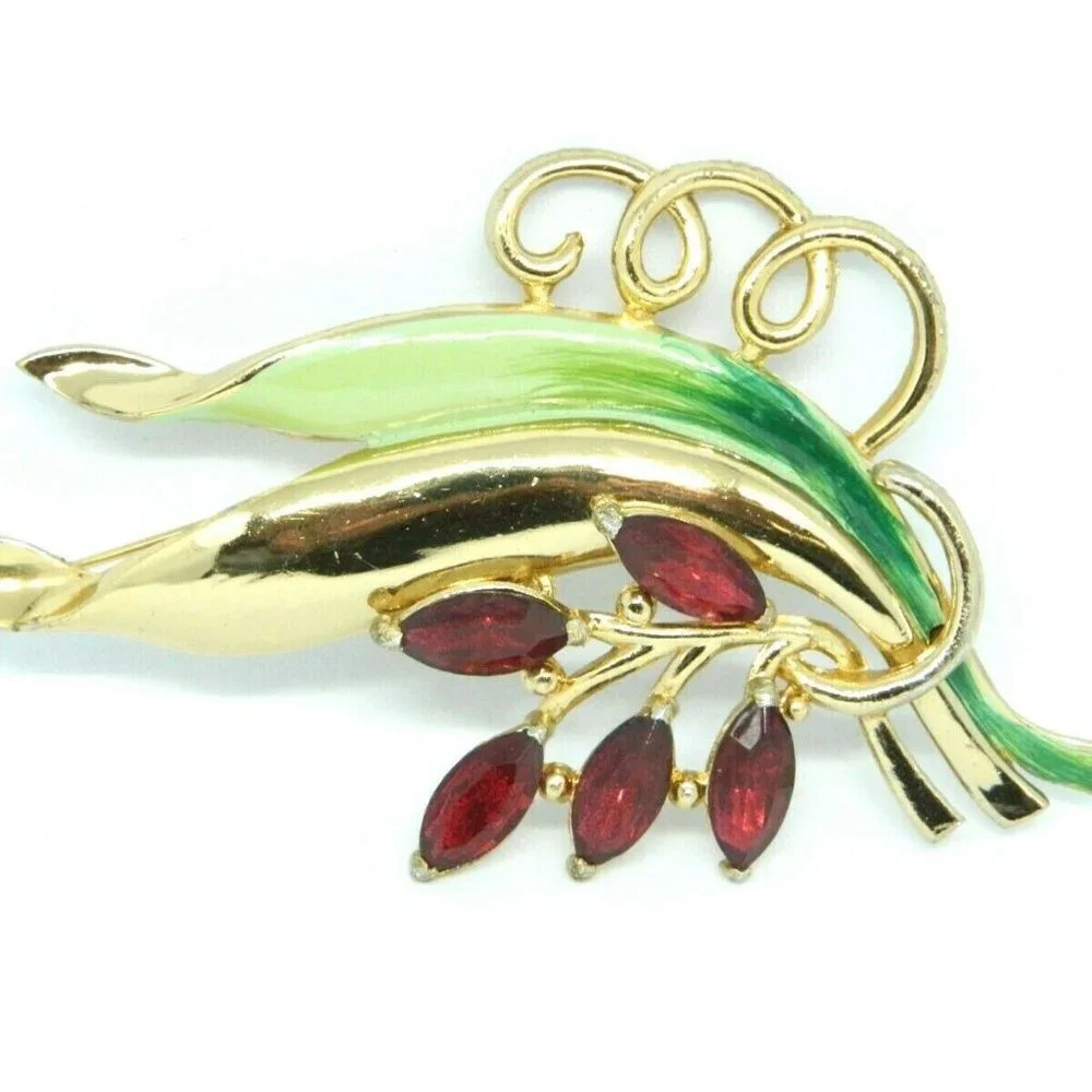 CORO Signed 1940s Green Enamel Red Rhinestone Leaf